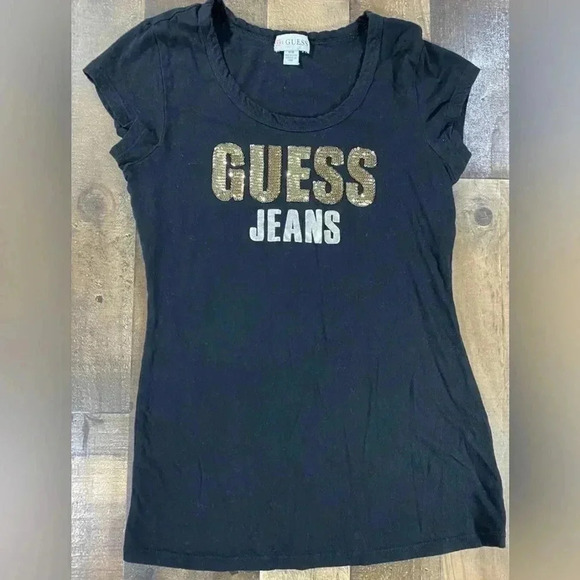 GUESS Jeans Women’s Jet Black T-Shirt with Gold Writing and Gold Sequins - Picture 1 of 11